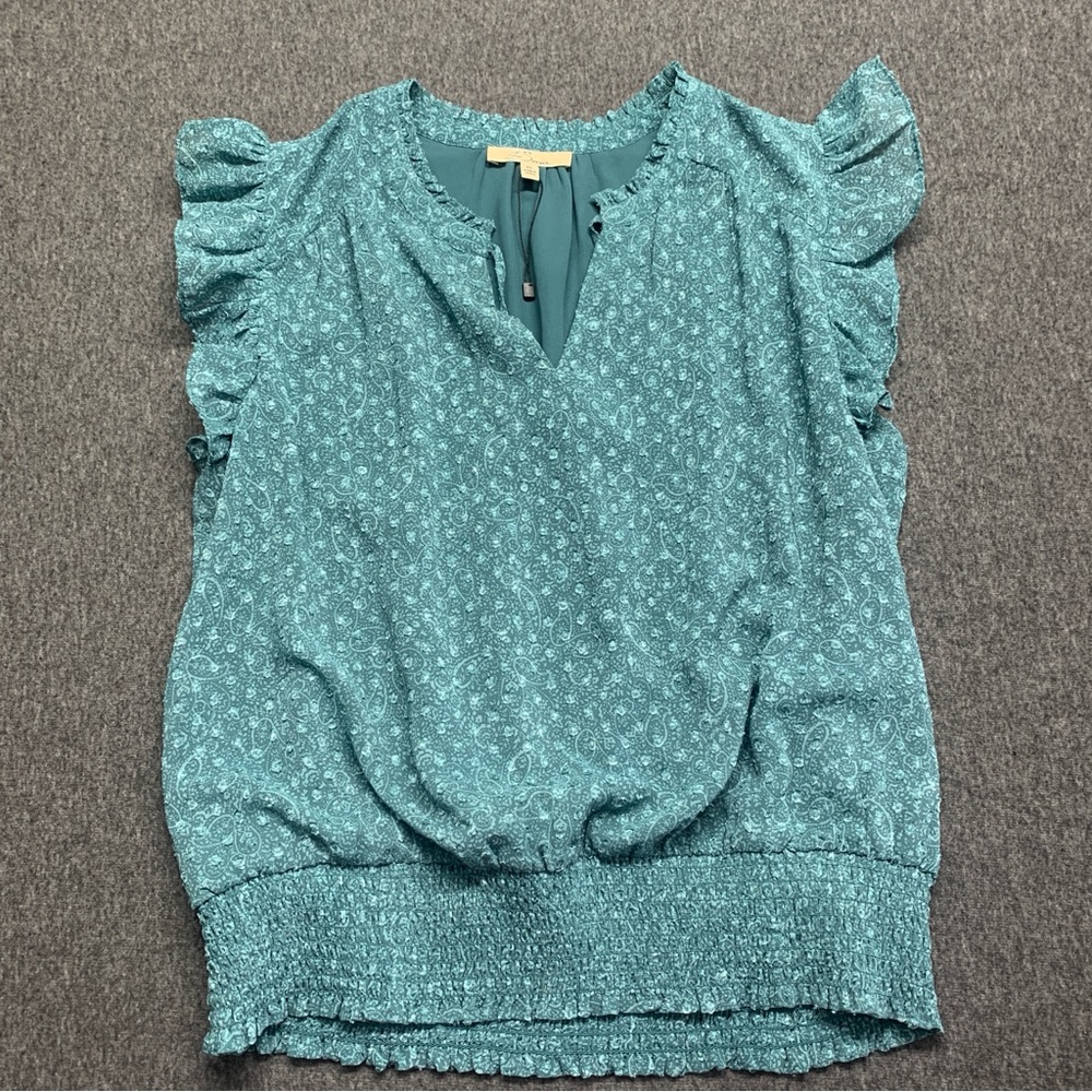 La Serdin Women’s Teal Ruffled Sleeve Blouse - Casual Floral Print Size XL